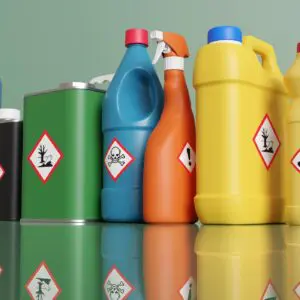 Various hazardous chemical containers with warning labels.